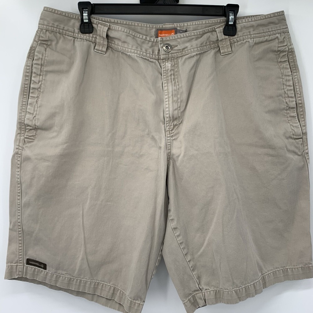 Merrell Chino Shorts Mens 38 Tan Khaki Cotton Twill Flat Front Outdoor Hiking